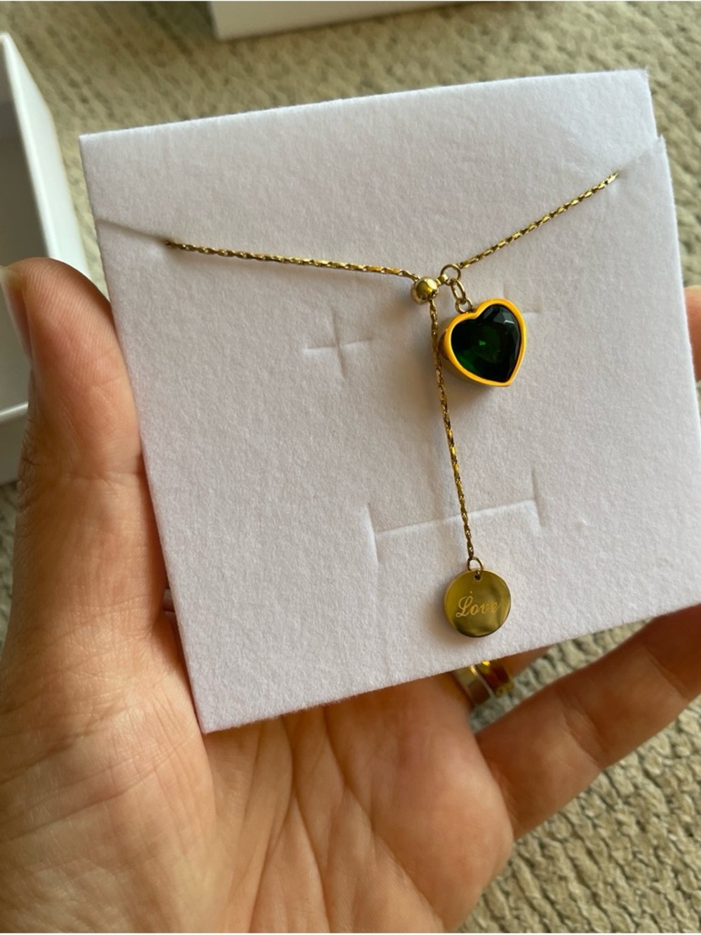 Gold Heart Lariat Necklace with Green Crystal and 'Love' Disc